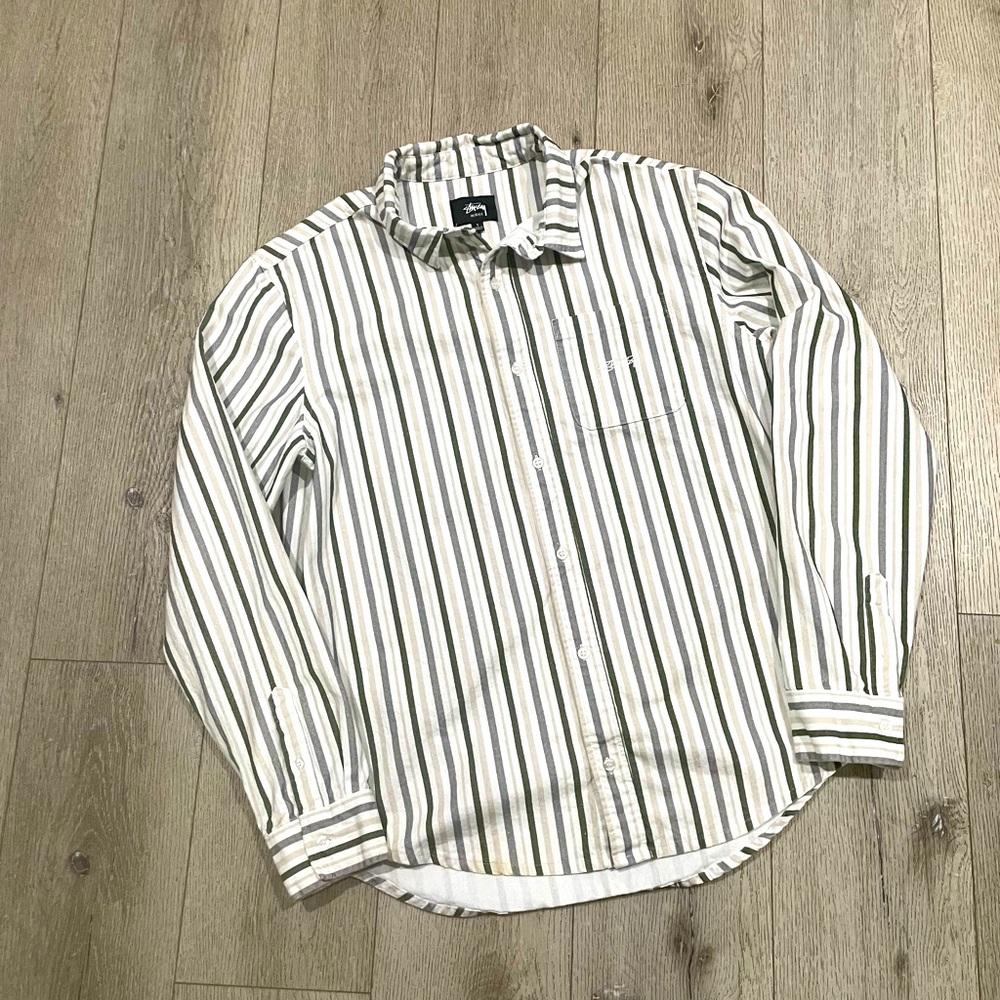 Stussy oversized striped button up 100% cotton mens small fits a XL - Picture 2 of 11